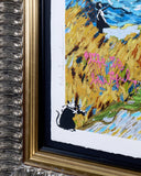 artwork in the style of vincent van gogh's night sky - featuring swirls, a crescent and the text life is beautiful in pink with a black rat holding a camera