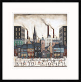 A framed art print depicting a bustling industrial town square with factories, a church spire, and many small figures skating in the snow. The print is presented with a wide white mat and a black frame.