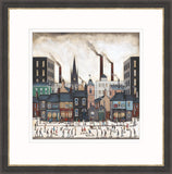 A framed art print depicting a stylized industrial city street scene with buildings, smokestacks, and small figures of people in the foreground, shown with a white mat and dark wood frame.