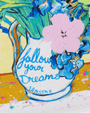 pink,yellow and green iris flowers in a white and blue vase with the text follow your dreams, vincent, set against a yellow background with paint splatters.