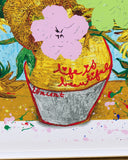 sunflower flowers in a yellow vase with text life is beautiful, set against a light blue background with paint splaters