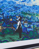 grafitti girl reaching with her arm up with the hollywood sign in the background against blue and green swirly hills