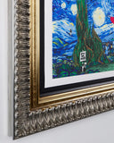 swirly landscape artwork with ornate silver and gold frame, featuring a tall green tree, with a black and white rat parachuting and another rat holding a sign with the text - follow your dreams