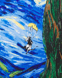 swirly landscape artwork featuring a black and white rat parachuting against a blue sky