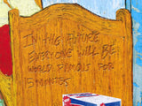 bedroom in the style of vincent van gogh's bedroom in arles artwork, featuring text - in the future everyone will be world famous for 15 minutes