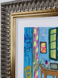 ornate frame detail of bedroom in the style of vincent van gogh's bedroom in arles artwork, featuring text follow your dreams