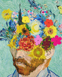flower portrait in the style of Vincent van Gogh on light green background