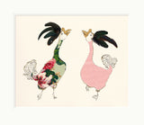 Two stylized roosters with decorative patterns on a beige background