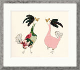 Two stylized roosters with floral and polka dot patterns on a beige background.