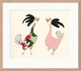 Decorative illustration of two stylized roosters with floral and polka dot patterns on a beige background.
