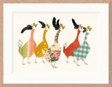 Colorful illustration of five stylized birds in a wooden frame.