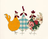 Three stylized chickens with different patterns on a beige background
