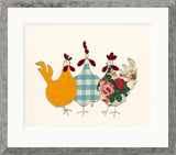 Decorative illustration of three stylized chickens with floral and checkered patterns in a framed setting.