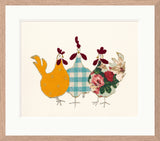 Three stylized chickens with floral and checkered patterns on a beige background