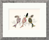 Decorative illustration of three birds on a branch with a gray wooden frame.