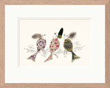 Framed artwork of three stylized birds on a branch with a white background