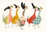 Five stylized ducks in various colors and patterns on a white background