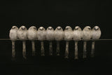 Row of small birds perched on a wire against a black background