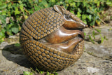 Bronze sculpture of an armadillo on a natural stone surface with greenery in the background