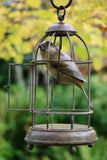 Bronze sculpture of sparrow bird perched inside bird cage on leafy green background.