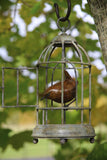 Bronze sculpture of birdcage with a bird inside, hanging against a natural background.