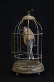 Bronze birdcage with a bird inside on a black background