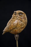Bronze sculpture of an owl perched on a branch against a black background