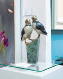 Two puffin sculptures on a pedestal in a glass display case.