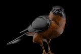 Bronze sculpture of Bird perched on a ball against a black background