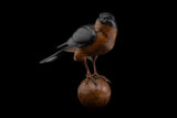 Bronze sculpture of Bird perched on a ball against a black background