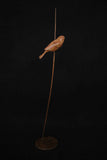 Bronze sculpture of small bird perched on a thin branch against a dark background