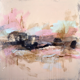 Abstract art piece with pink, gold, and black colors on a light background