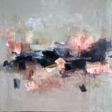 Abstract art with pink, black, and gray colors on a textured surface