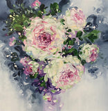 Artistic depiction of pink and white flowers with green leaves on a textured gray background