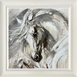 Framed painting of a horse with abstract brushstrokes in neutral tones.