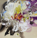 Abstract painting of a flower with vibrant colors on a beige background