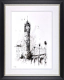 Framed black and white artwork of a cityscape with a prominent clock tower.