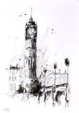 Black and white illustration of a clock tower.