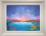 Framed painting of a colorful landscape with a blue sky and green fields.