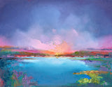 Colorful landscape painting with a large body of water and distant mountains.