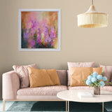 Abstract oil painting in a bright coloured living room with sofa and coffee table
