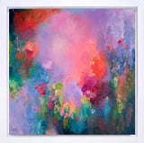 Abstract painting with vibrant colors and a white frame