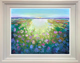 Framed painting of a colorful landscape with flowers and water.