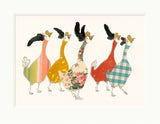 Five stylized ducks in various colors and patterns on a white background