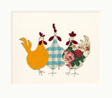 Three stylized chickens with different patterns on a beige background