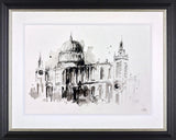 Framed black and white architectural drawing of a large building