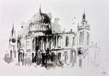 Black and white sketch of a large architectural building with a dome