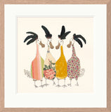 Framed artwork of four stylized ducks with floral patterns on a beige background