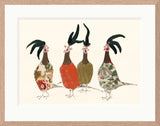 Framed artwork of four stylized roosters with floral patterns on a beige background.