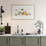 Kitchen with framed artwork above a sink, featuring colorful figures and butterflies.